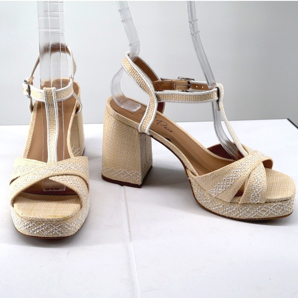 Wild Pair Harperr White Linen Platform Block‎ Heel Sandals T Strap NIB 8.5